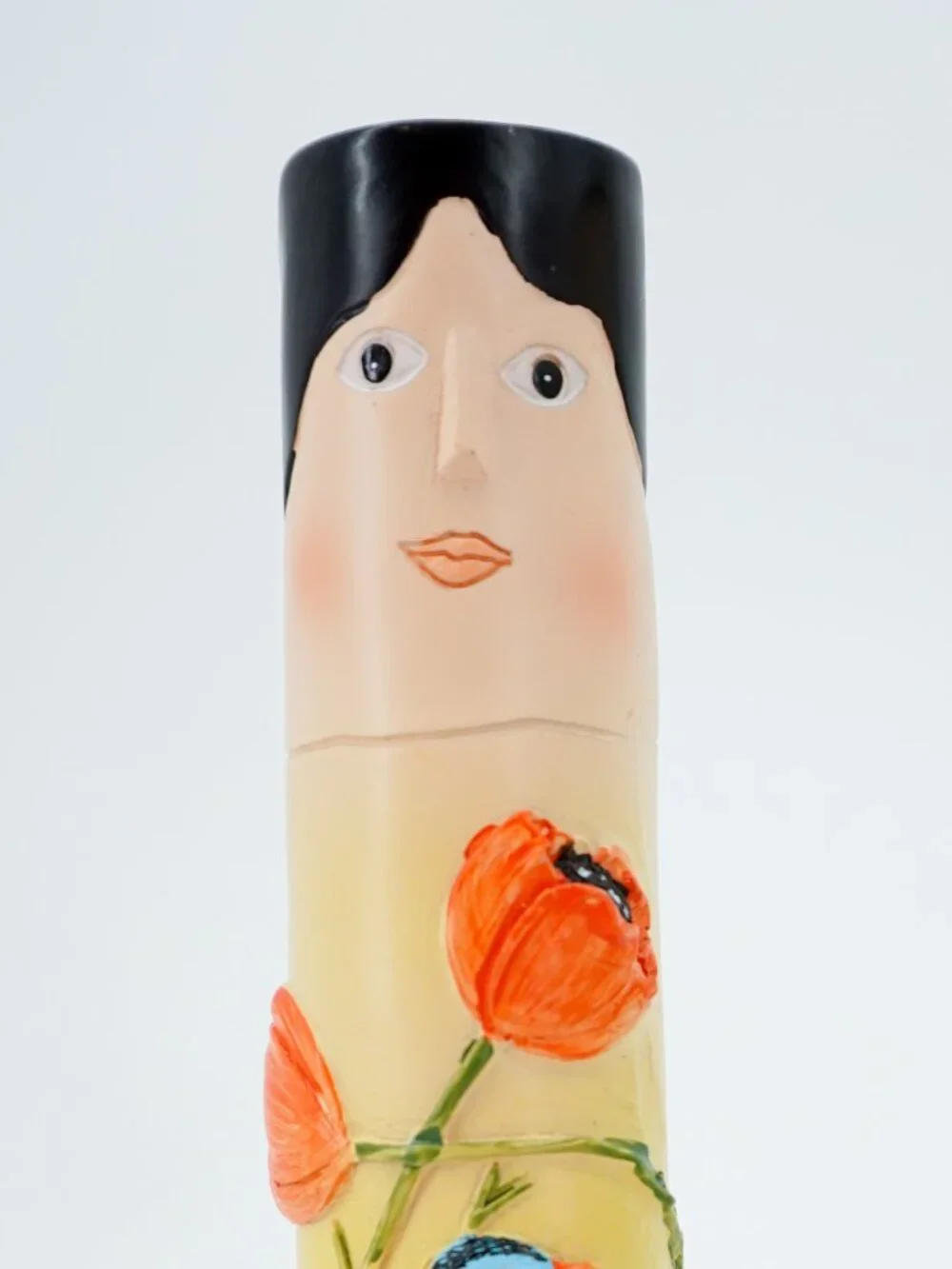 Set of 3 Hand Painted Ceramic Face Cylinder Vases, Women Floral Bird Decor